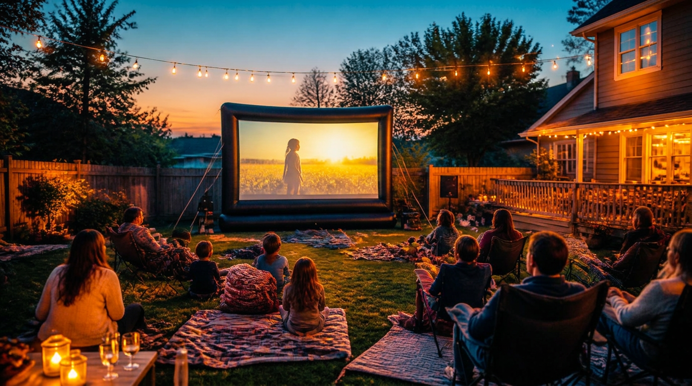 Families watching a movie on an inflatable outdoor screen in a backyard at dusk